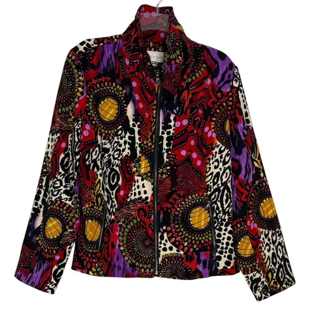 Erin London Abstract Print Jacket Zip Front Blazer Boho Art Multicolor Medium